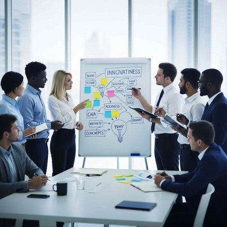 Diverse group of professionals gathered around a whiteboard, engaged in a brainstorming session,...