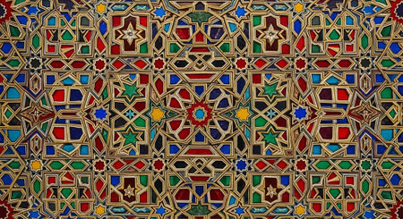 Intricate mosaic artwork featuring geometric patterns, colorful tiles, and traditional Islamic...