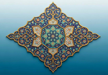 Ornate symmetrical design featuring floral patterns, geometric shapes, and gold outlines on a gradient blue backgroundの写真素材
