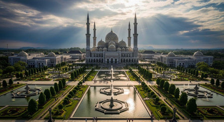 Aerial view of a large white mosque with four minarets, surrounded by beautifully landscaped...