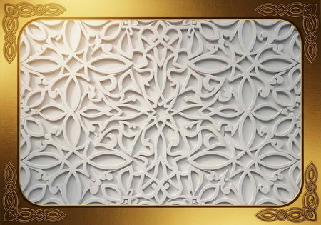 White floral pattern with raised details on a gold background, featuring ornate designs and rounded cornersの写真素材