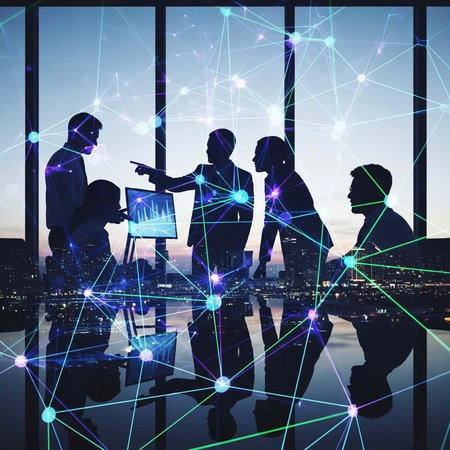 Silhouettes of people discussing and pointing at a screen with a cityscape and network lines in the...