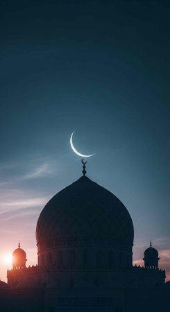 Silhouette of a mosque with a crescent moon on top at sunset, showcasing Islamic architecture and a...