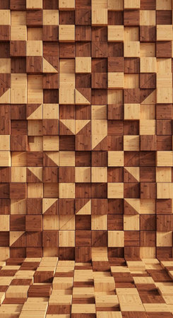 A mosaic pattern of wooden blocks in shades of brown and beige, arranged in a 3D geometric design