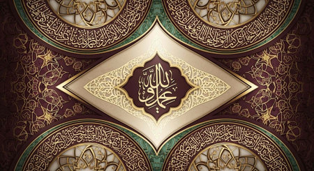 Ornate Islamic art featuring golden Arabic calligraphy, geometric shapes, and intricate patterns on...