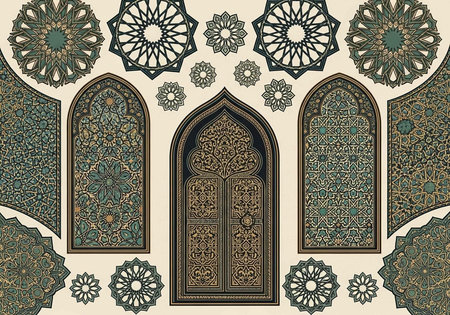 Detailed illustration of Islamic-style arches, floral patterns, and geometric shapes in shades of...