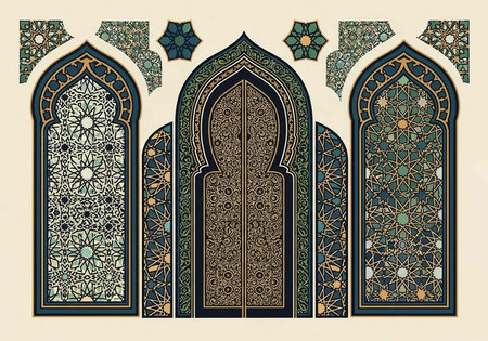 Ornate archway with intricate geometric patterns, floral designs, and arabesque art in shades of...