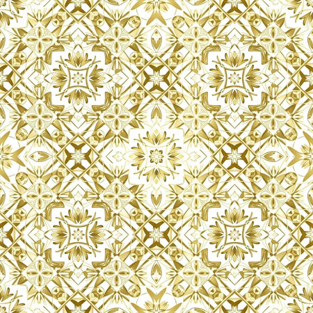Intricate golden floral pattern on a white background, featuring symmetrical designs and shapes in a...