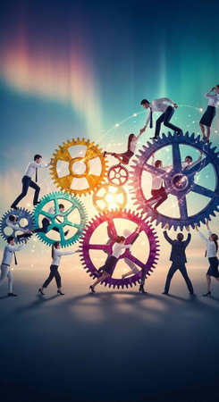 Group of business people working together to move large colorful gears in a team effort, symbolizing...