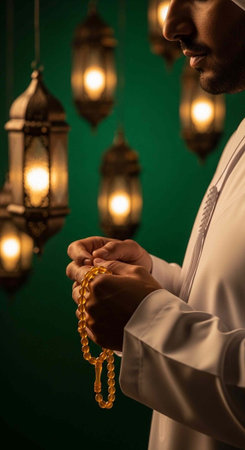Close-up of a man in white attire holding golden prayer beads with lit lanterns and green wall in...
