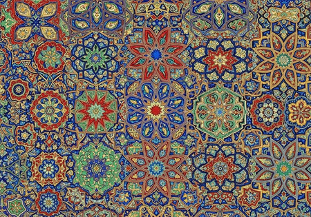 Colorful floral patterns with blue, red, green, and gold hues, intricate designs, and detailed...