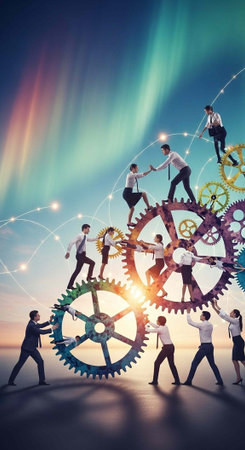 Group of business professionals pushing and climbing large colorful gears under a vibrant aurora...