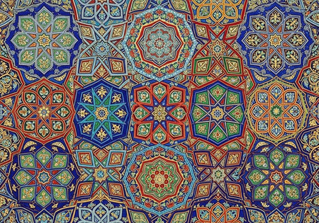 Colorful and detailed geometric patterns with intricate designs, shapes, and floral motifs in blue,...