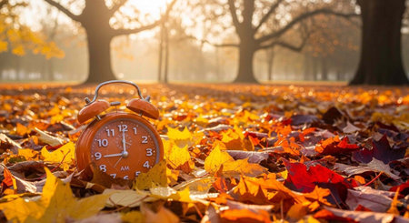 An orange alarm clock sits amidst a colorful pile of fallen leaves, with trees and sunlight in the...