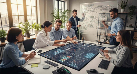 Group of people in office setting gathered around table with large screen displaying data and...