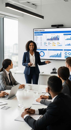 Diverse team in formal attire engaged in meeting with woman presenting business data on large screen...