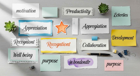 A collection of sticky notes with motivational words and phrases on a gray wooden desk for business productivityの写真素材