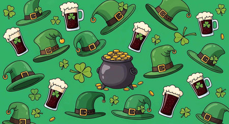 A vibrant illustration of St. Patrick's Day symbols, including leprechaun hats, beer, and a pot of gold.の写真素材