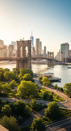 Aerial view of the Brooklyn Bridge in New York City with a beautiful park in the foreground