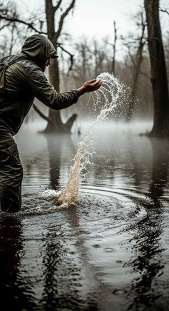 A man in a green jacket stands in a flooded forest throwing water into the air on a gloomy day