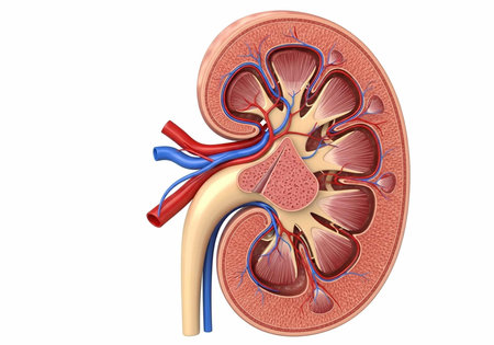A detailed illustration of a human kidney showcasing its internal structure and blood vessels in a...
