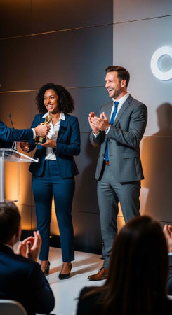 A smiling businesswoman receives an award from a presenter while a man applauds beside her on stage