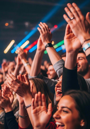 A diverse crowd of people enthusiastically clapping and cheering at a lively event with colorful...