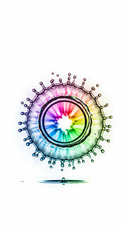 A vibrant and colorful illustration of a virus cell with rainbow hues and a white backgroundの写真素材