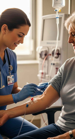 A nurse carefully inserts an IV into a patient's arm in a hospital setting with medical equipment.