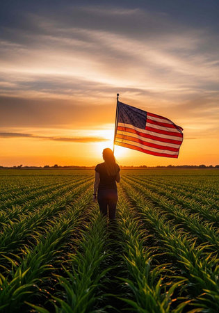 A woman proudly holds an American flag in a vast green field at sunset