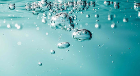 A close-up view of clear water bubbles rising to the surface in a serene and peaceful aquatic...