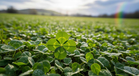A lush green field of clover with dew drops and a rainbow in the background on a sunny day