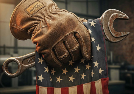 A gloved hand holding wrenches in a workshop with an American flag sleeve