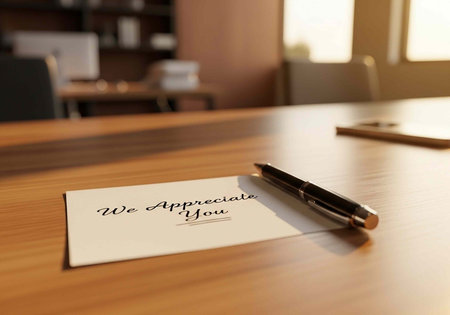 A heartfelt thank you note on a wooden desk in a modern office setting with a pen