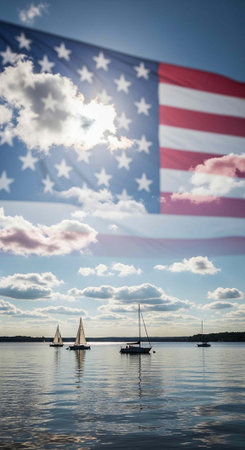 A large American flag waving in the wind above a serene lake with sailboats on a sunny day