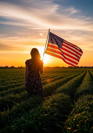 A woman proudly holds an American flag in a lush green field at sunset with a serene skyの写真素材
