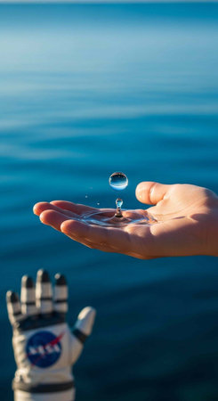A person holds a drop of water over a serene body of water.の写真素材