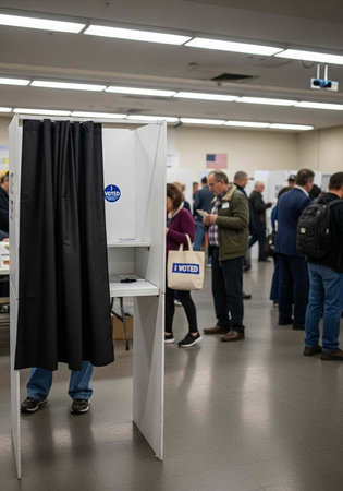 People vote in a polling station with a booth and a crowd of voters in lineの写真素材