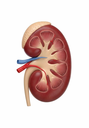 A detailed illustration of a human kidney showcasing its internal structure and blood vessels in a medical contextの写真素材