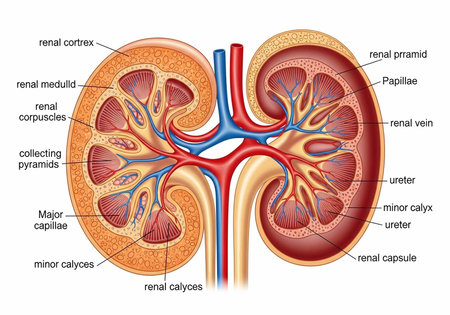 A detailed illustration of the human kidney anatomy with labeled parts for medical education and...