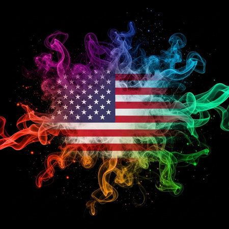 A vibrant and colorful illustration of the American flag with rainbow smoke on a black background.の写真素材