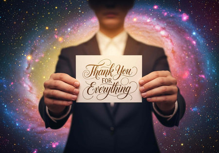 A man in a suit holds a thank you card in front of a colorful galaxy background with stars