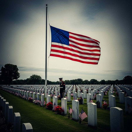 A solemn military ceremony takes place in a serene American cemetery with a flag at half-staffの写真素材