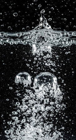 A close-up view of clear water bubbles rising in a dark background with a splash of liquid