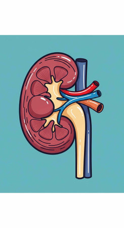 Anatomical illustration of a human kidney with detailed vascular structures on a teal background for...