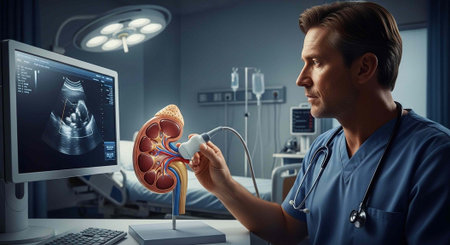 A doctor in a hospital room examines a kidney model and ultrasound scan on a computer screen.
