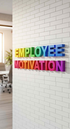 A colorful motivational sign on a white brick wall in a modern office space with employee motivation