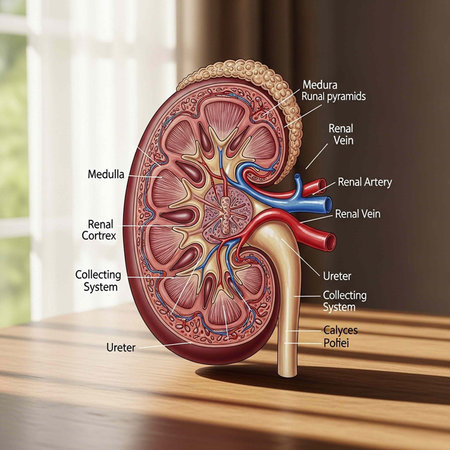 A detailed illustration of a human kidney with labeled parts on a wooden table by a window