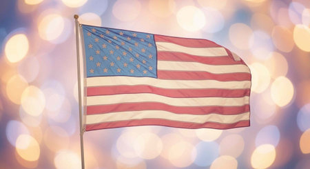 The American flag waving proudly in front of a vibrant bokeh light background, symbolizing freedom...