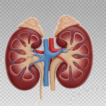 A detailed illustration of the human kidney anatomy with its internal structures and blood vessels...